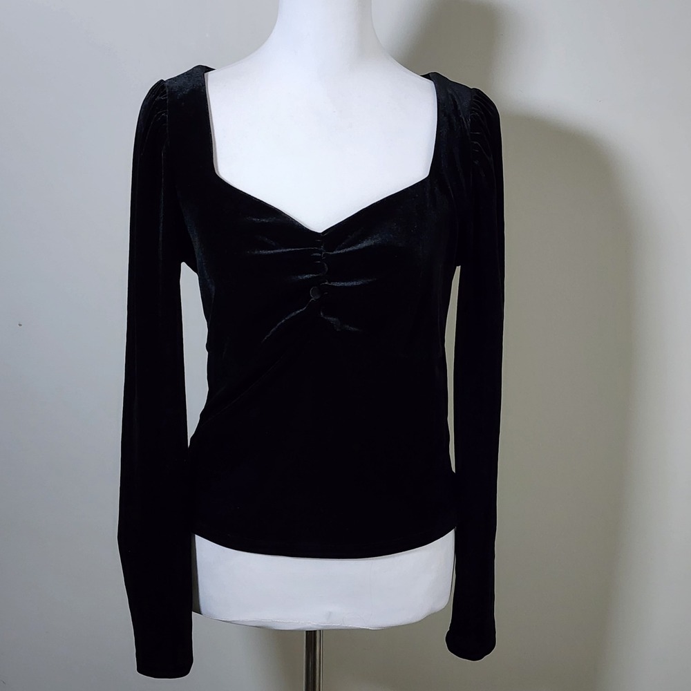 Black Velvet Ruched Long Sleeve Top Womens Small Goth Romantic Whimsigoth Witchy
